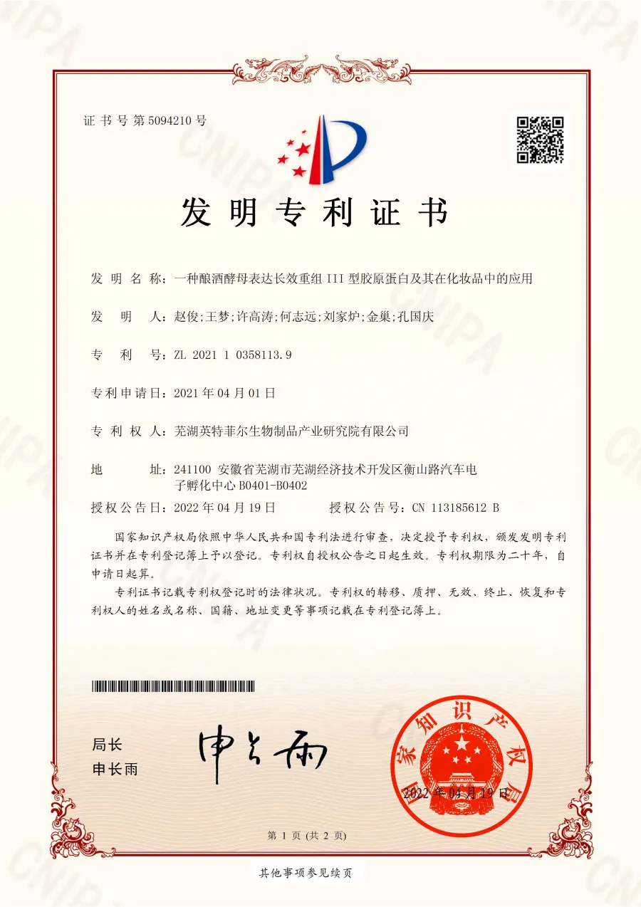 一种酿酒酵母表达长效重组Ⅲ型胶原蛋白及其在化妆品中的应用专利证书